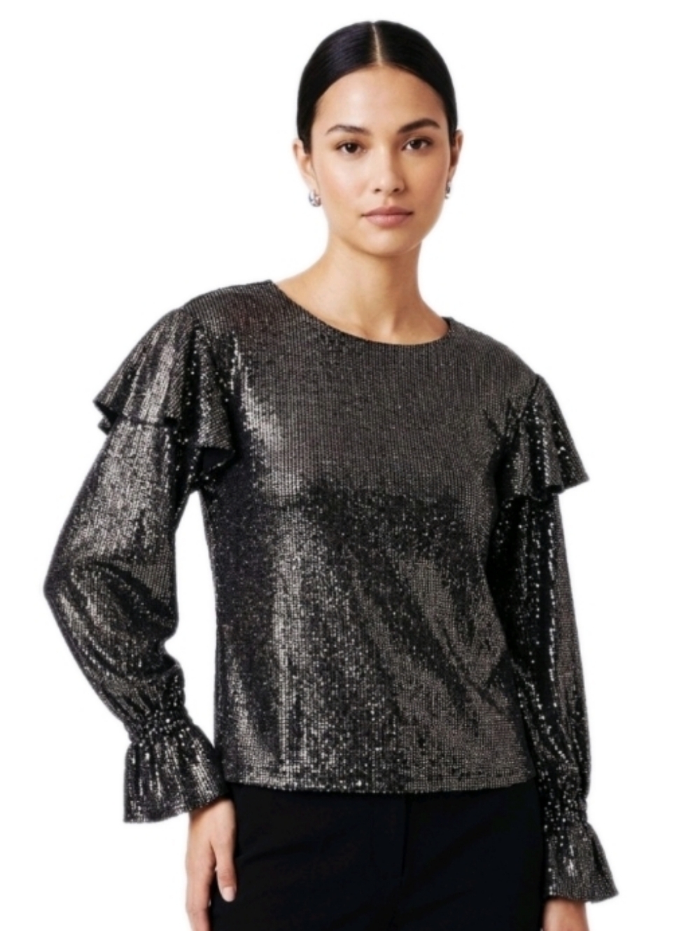 JOIE Ardella Sequined Ruffle Sleeve Top In Black Size Small